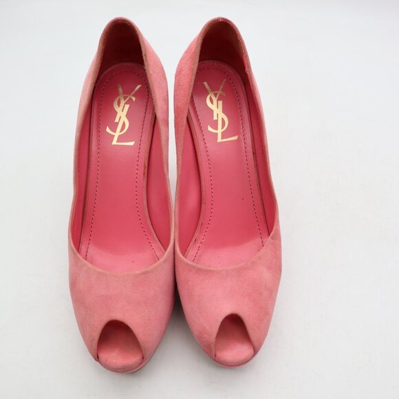 Yves Saint Laurent Women's Size EU 37.5 Light Pink Suede Peep Toe Platform Pumps - Picture 2 of 11